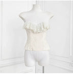Flowering Girl Women Strapless Ruffle Lace Trim Velvet Jacquard Corset Top