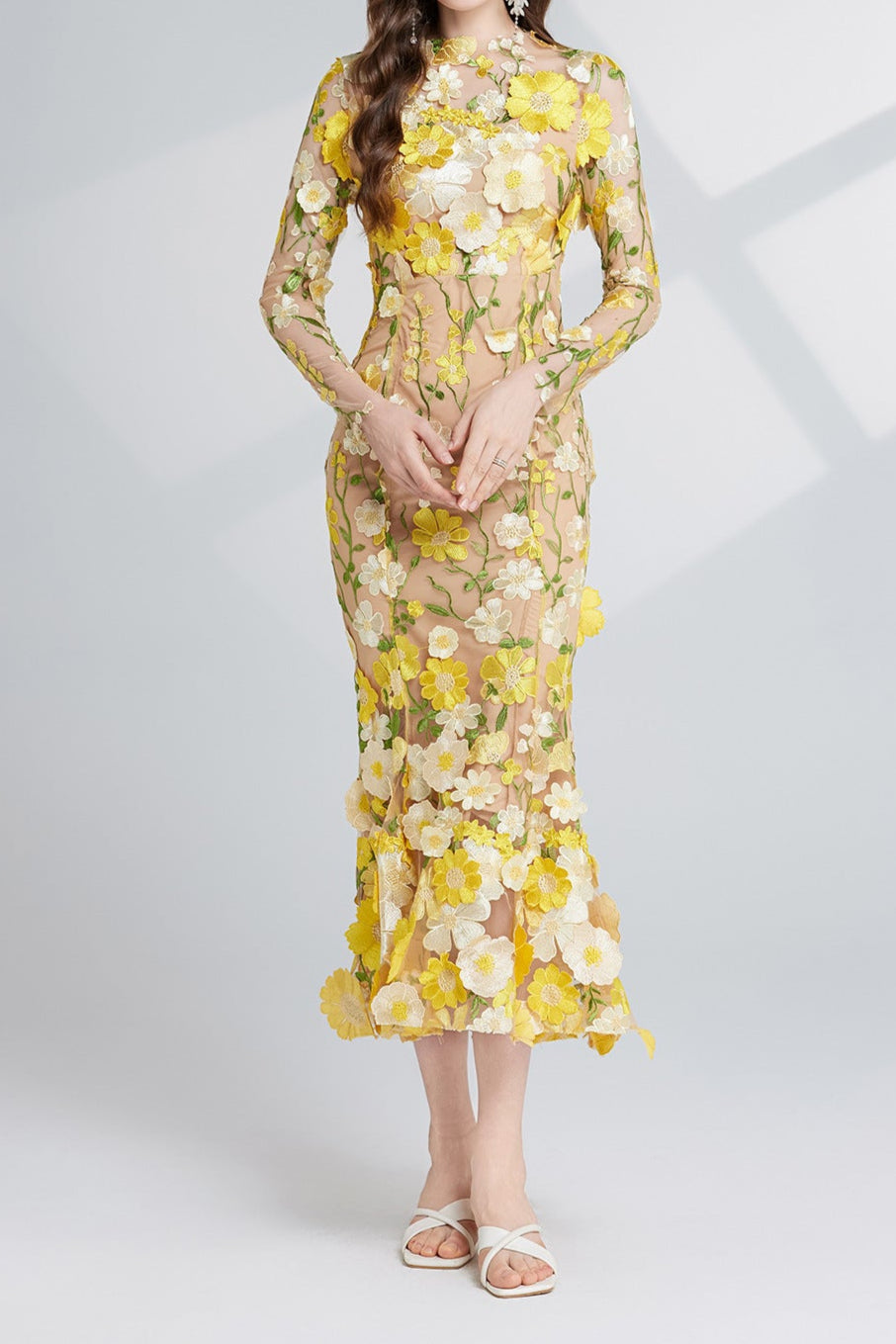 Flowering Girl Women CAROL YELLOW FLORAL EMBROIDERY MESH LONG SLEEVE MIDI DRESS