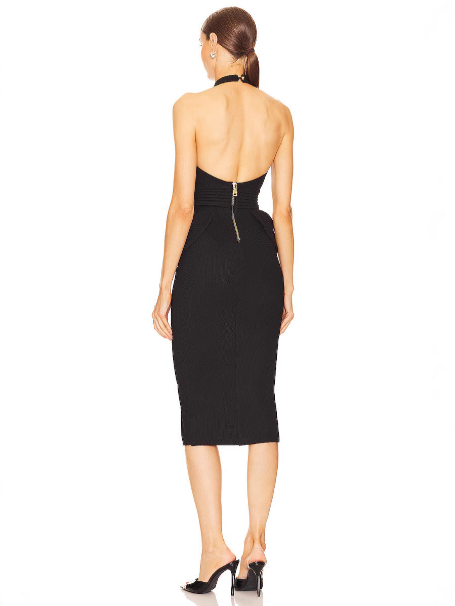 Flowering Girl Women Rise Textured Halter Midi Dress in black