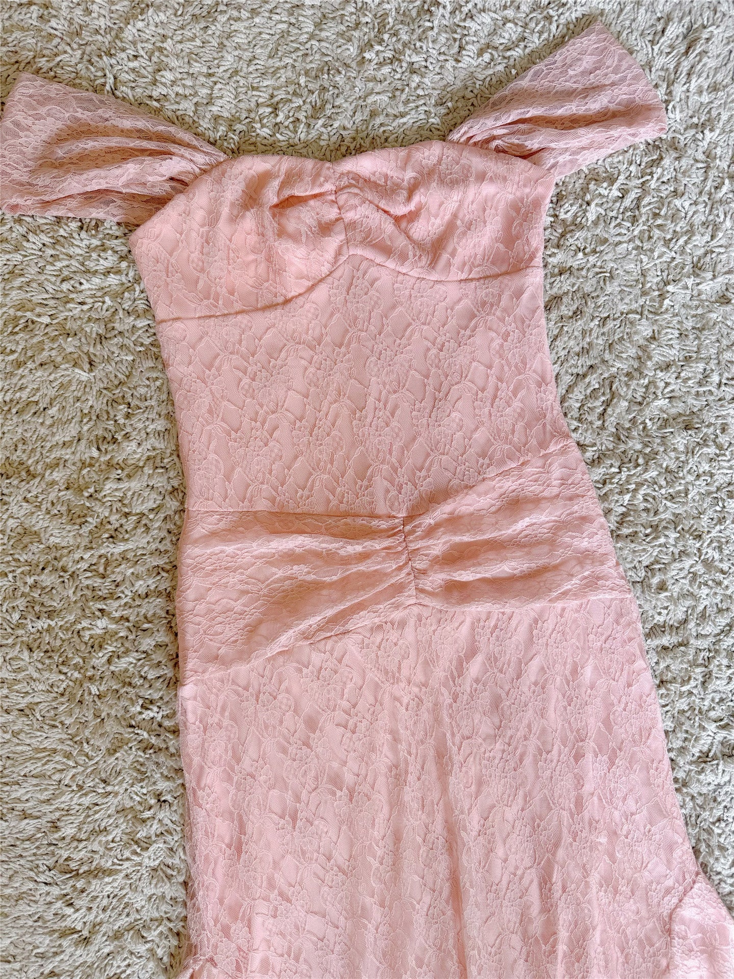 Bow Strap Ruched Lace Mermaid Midi Dress