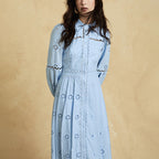 Flowering Girl Women retro single-breasted hollow lace midi dress in blue