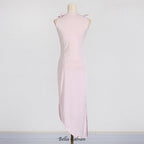 3d flower asymmetric satin slit gown in pink