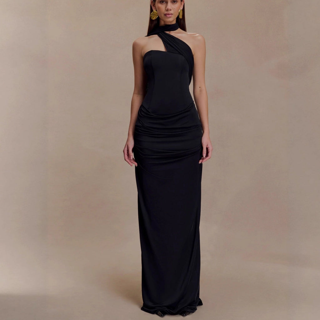 Flowering Girl Women black bandeau sloping shoulder maxi dress