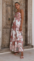 Flowering Girl Women penelope Botanic Pink Print Eyelet Maxi Dress