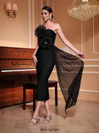 venus 3d flower rhinestone strapless midi dress in black