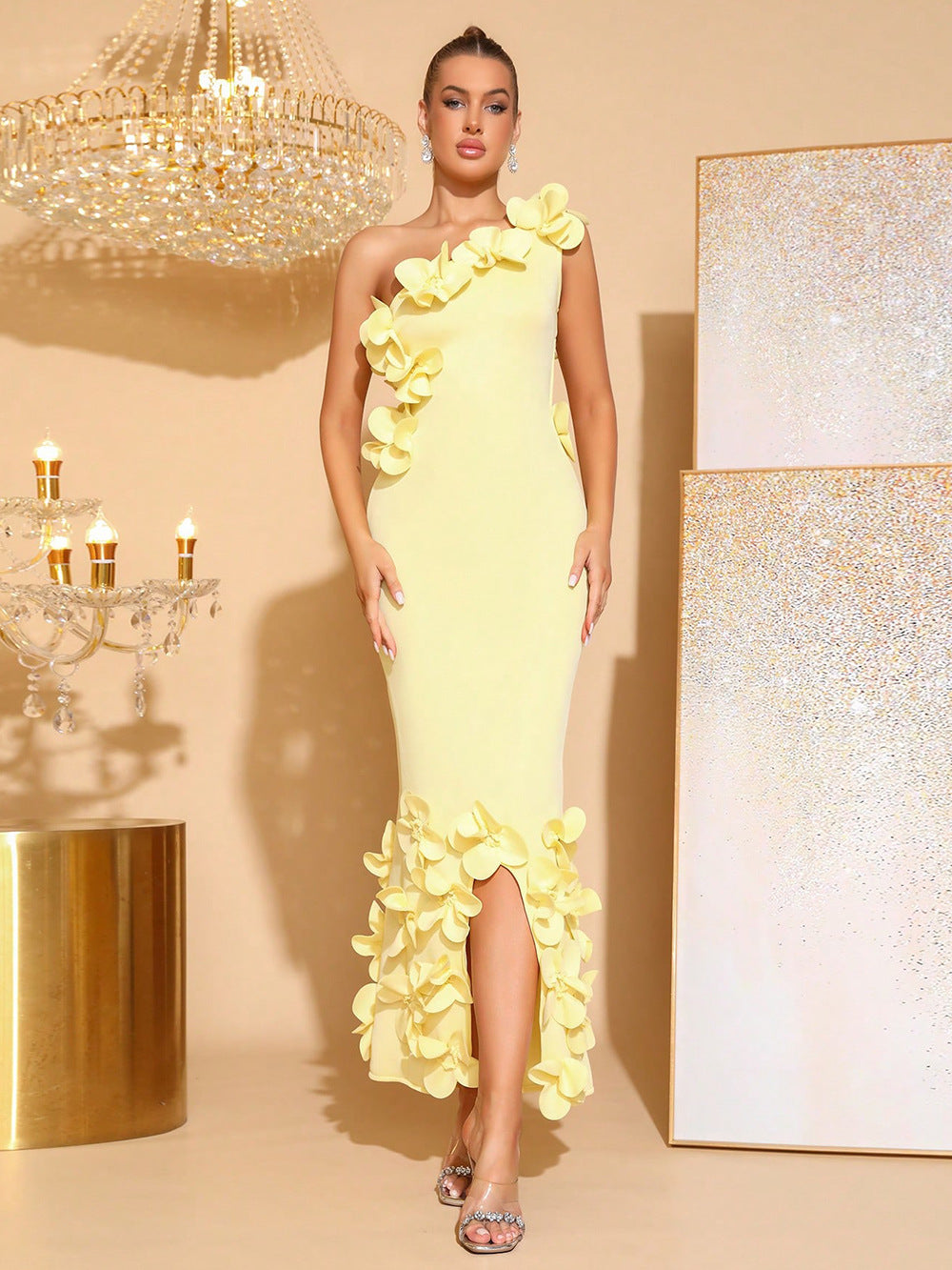Flowering Girl Women Alma 3d Flower One-Shoulder Bodycon Maxi Dress In Yellow