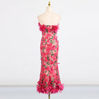 Flowering Girl Women 3D flower embroidery strapless midi dress in rose red
