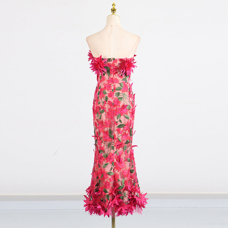 Flowering Girl Women 3D flower embroidery strapless midi dress in rose red