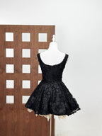 vera sequin embellishment lace puffy mini dress in black