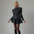 adora dark grey Butterfly Embroidered blazer mini skirt Set
