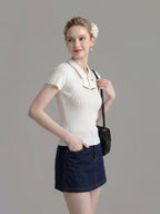 Flowering Girl Women Striped Collar Bow Tie Ribbed Knit Short Sleeve Top