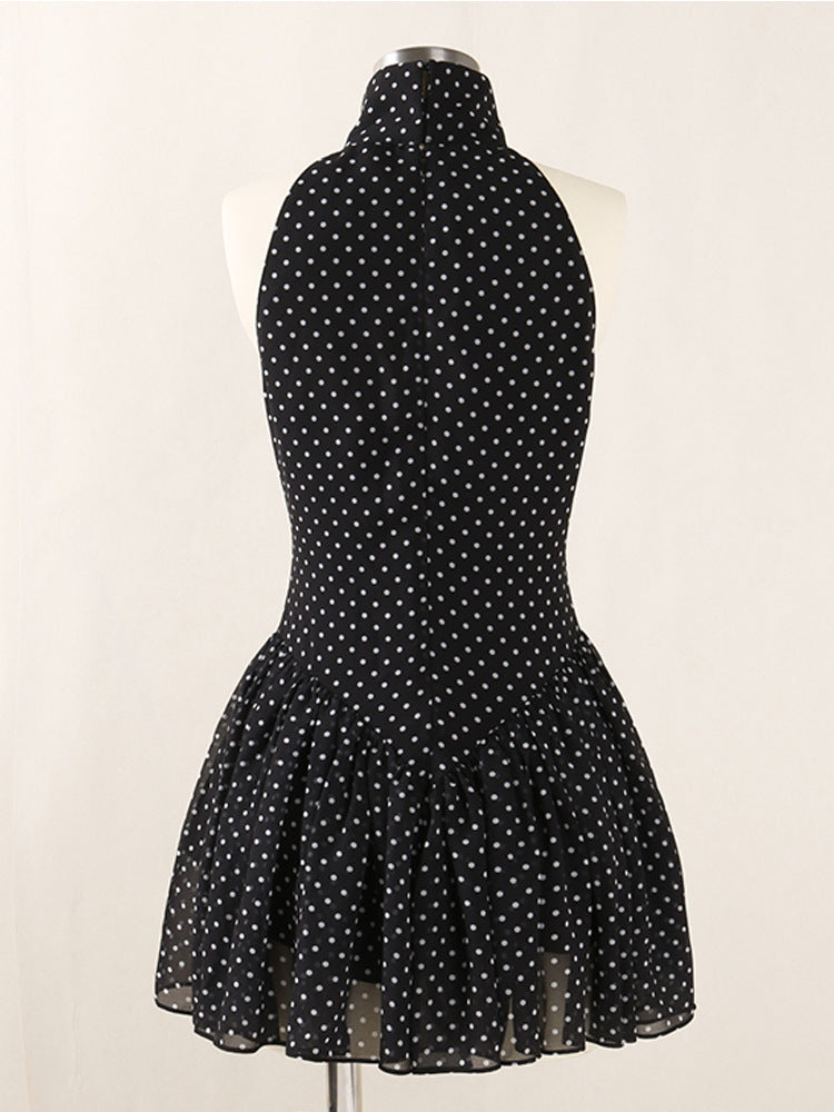 Flowering Girl Women Polka Silk Chiffon Sleeveless Halter Mini Dress In Black