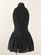 Flowering Girl Women Polka Silk Chiffon Sleeveless Halter Mini Dress In Black