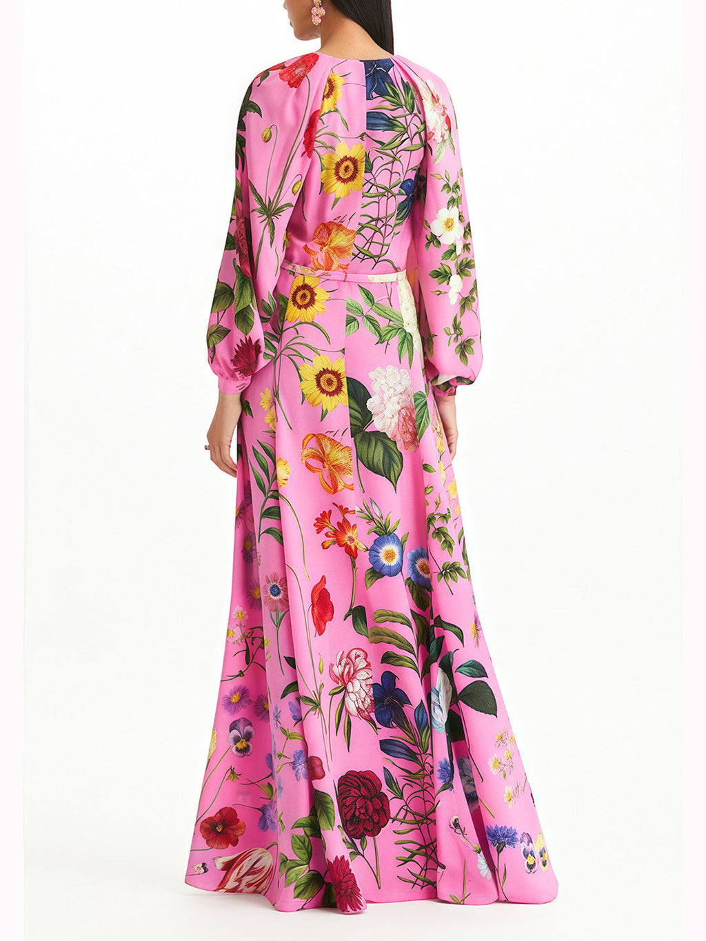 Pink Floral Print Single-Breasted Satin Maxi Dress