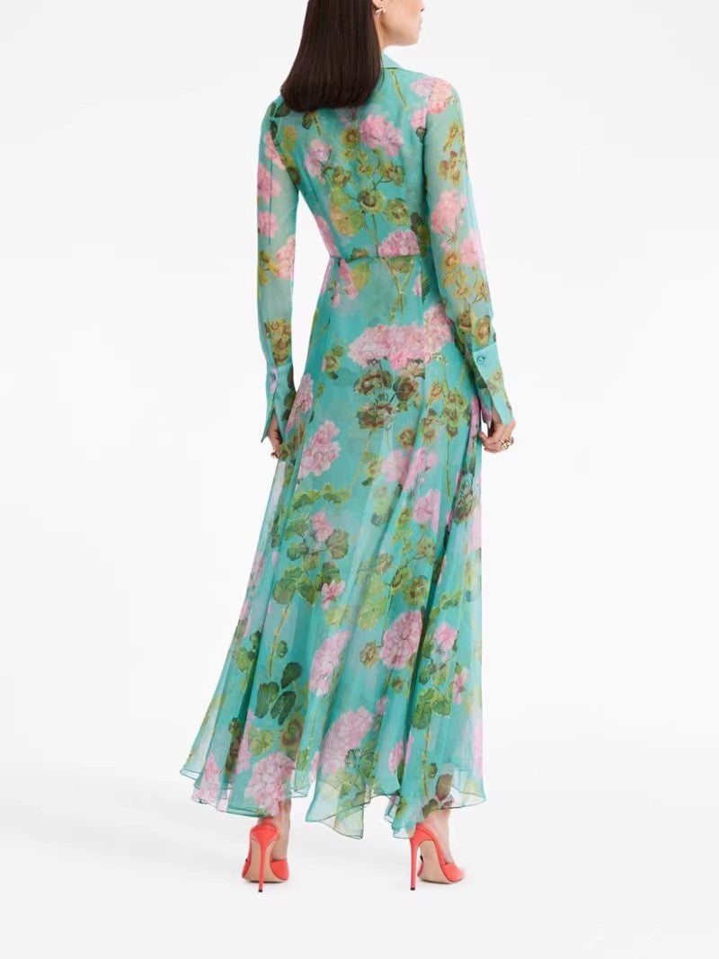 Green Printed Single Breasted Dress