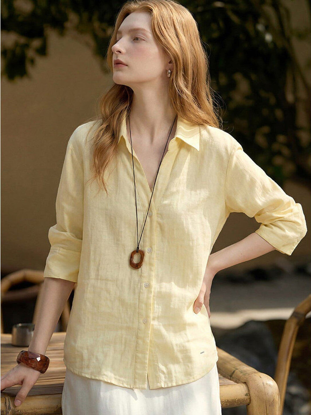 Flowering Girl Women Light Yellow Linen V-Neck Three-quarter Sleeve Shirt
