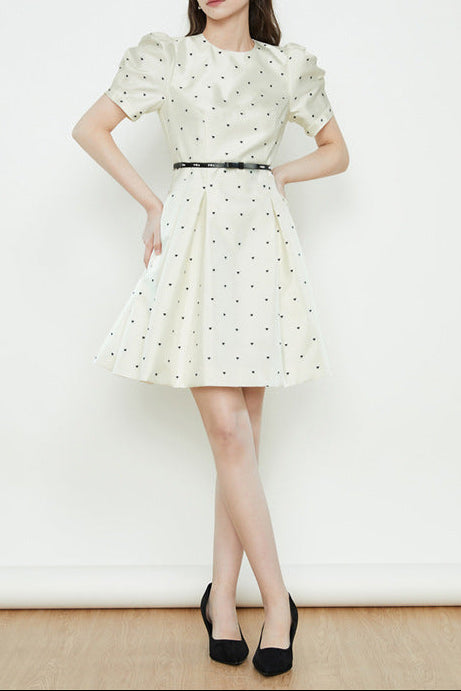 Elsie Polka Dot Puff Sleeve Mini Dress In Beige