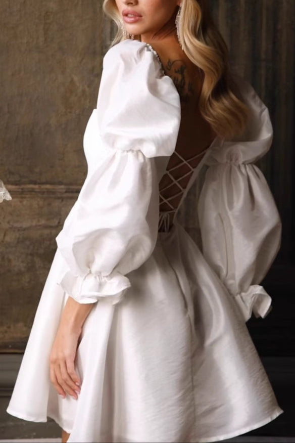 Flowering Girl Women white puff sleeve hanger square neck mini dress