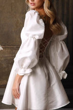 Flowering Girl Women white puff sleeve hanger square neck mini dress