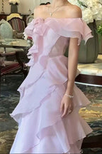 Off Shoulder Ruffled Layer Chiffon Maxi Evening Dress