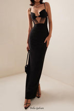 Flowering Girl Women back slit knitted bandage maxi dress in black