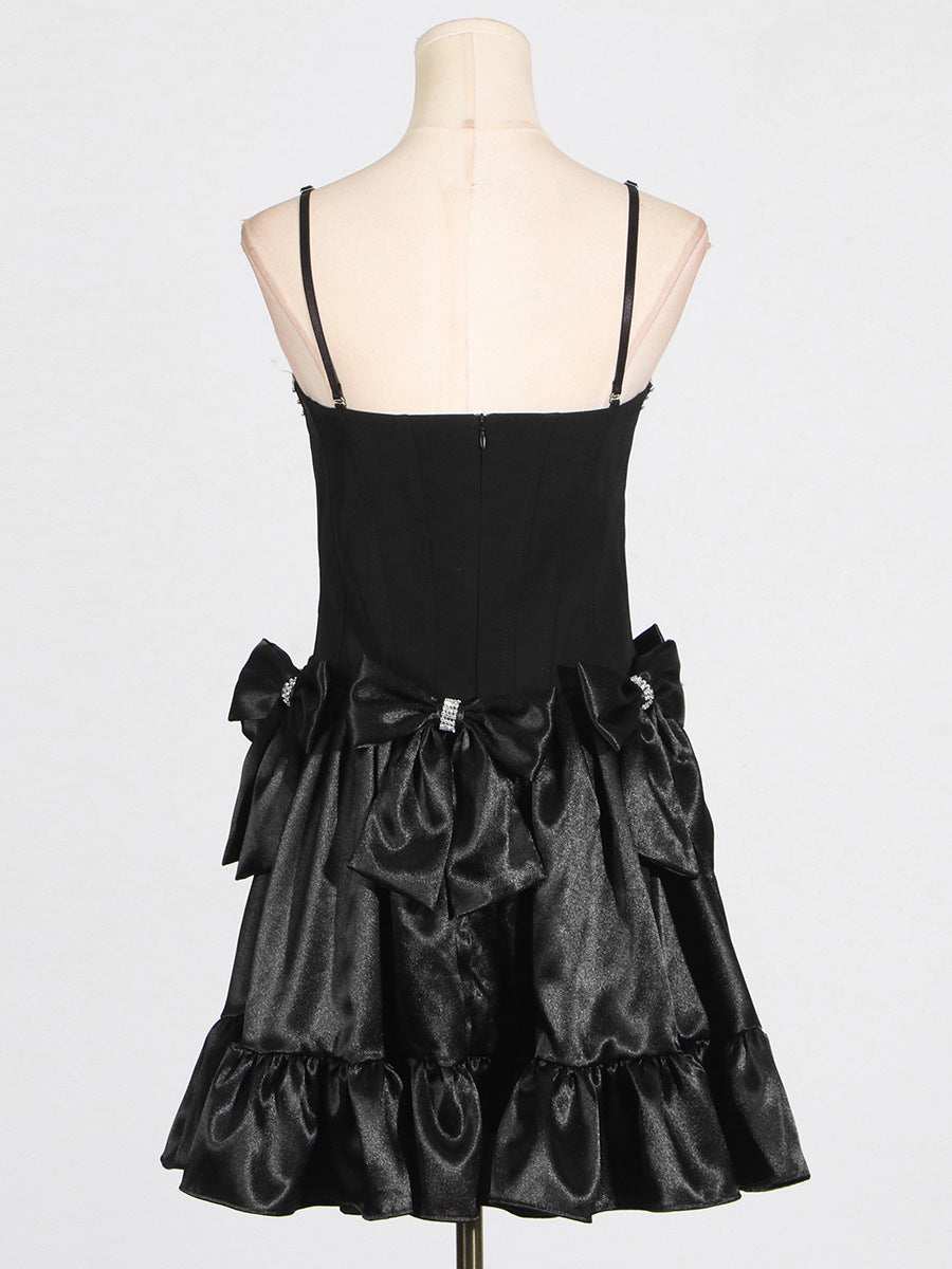 Flowering Girl Women Diamond bow mini dress in black