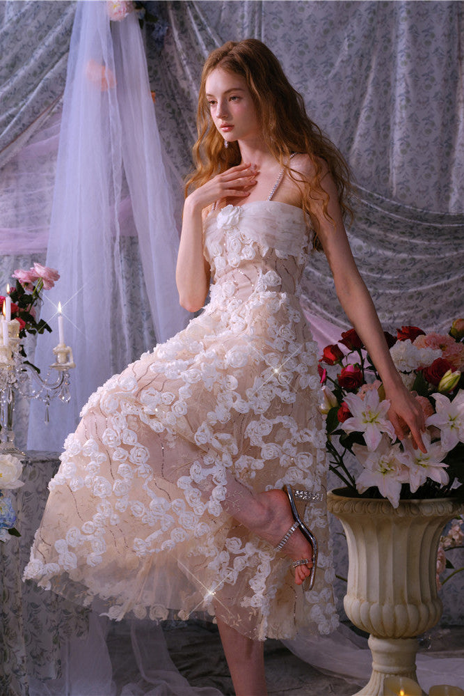 Leah White/Beige Sleeveless  Flower Dress