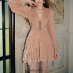 jessica  champagne pink chiffon rhinestone embellished mini dress