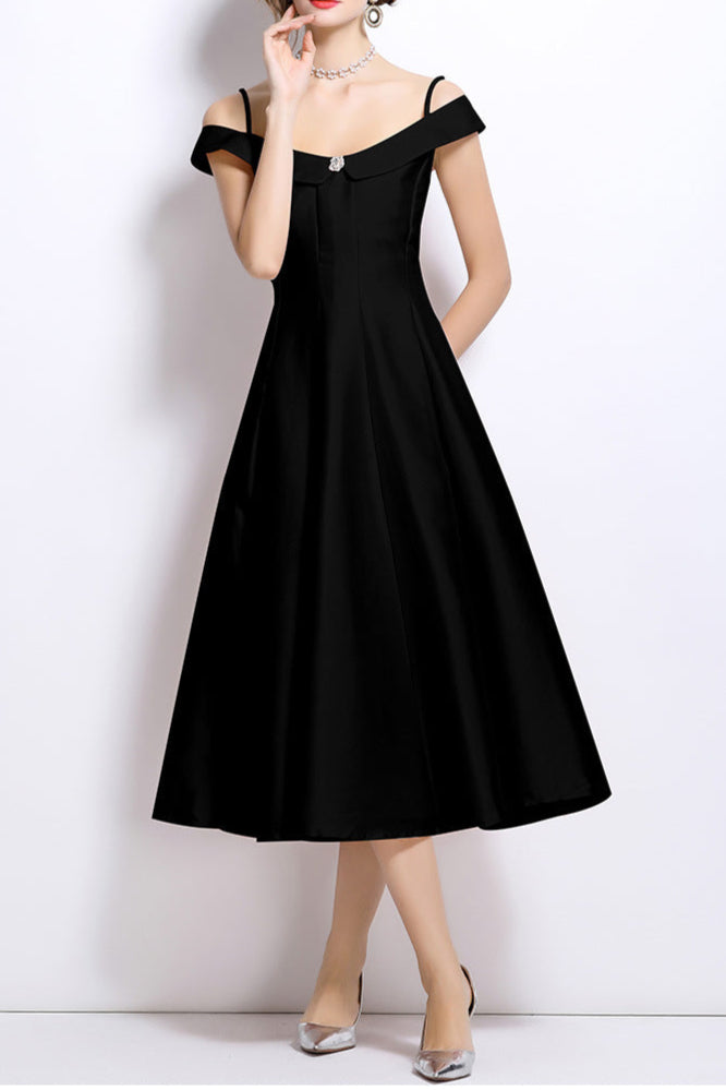 Flowering Girl Women Meroy Off-Shoulder Satin Pleated Midi Dress In Black