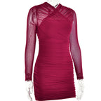 Flowering Girl Women LONG SLEEVE RUCHED MESH DRESS IN WINE