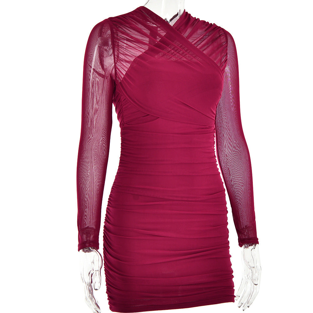 Flowering Girl Women LONG SLEEVE RUCHED MESH DRESS IN WINE