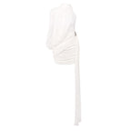 Flowering Girl Women off-shoulder single-sleeve pleated bodycon Ribbon mini dress - white