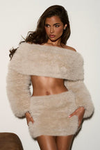 Verna Faux Fur Off-Shoulder Long Sleeve Top In Beige
