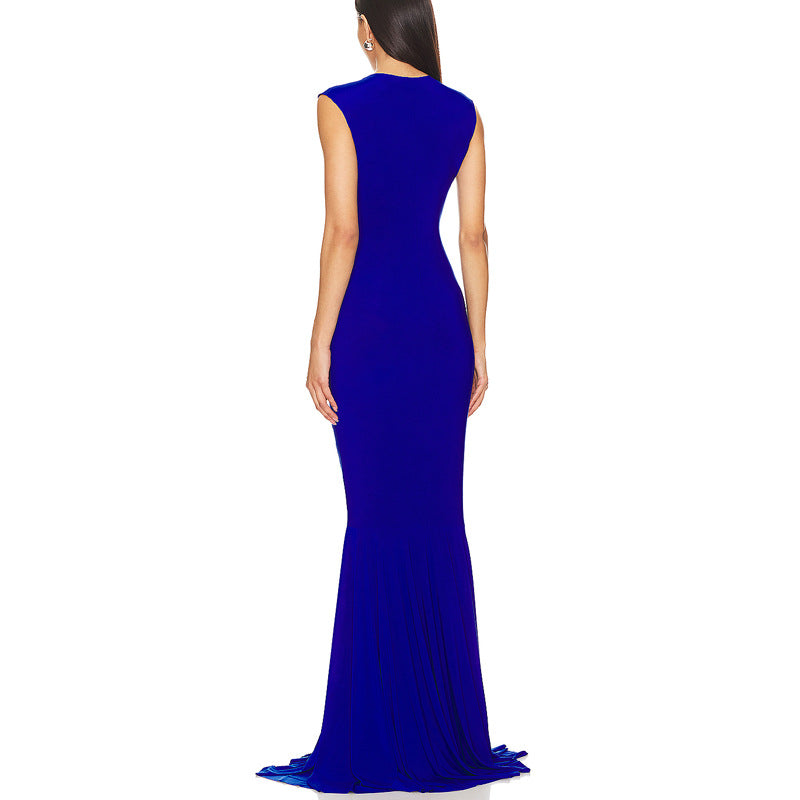 Flowering Girl Women Sleeveless Deep V Neck Shirred Front Fishtail Gown