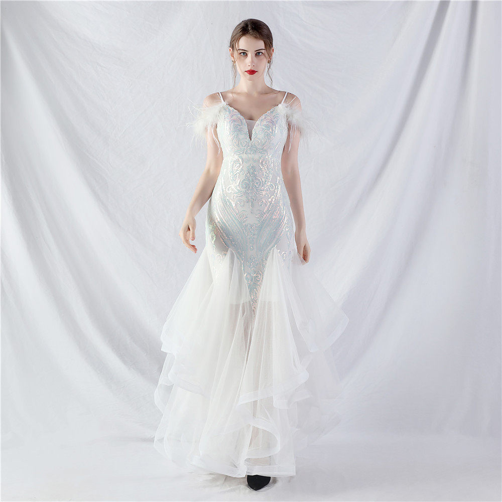 Flowering Girl Women Feather Sequin Strapless Tulle Maxi Dress