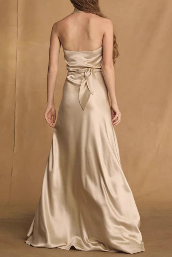 Flowering Girl Women kay Champagne crepe bias-cut satin halter maxi dress