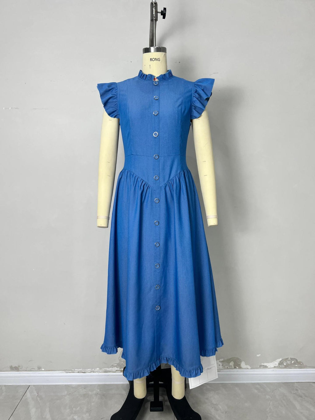 Flowering Girl Women Blue Denim Ruffle Cap Sleeve Button Front Flared Midi Dress