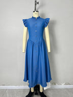 Flowering Girl Women Blue Denim Ruffle Cap Sleeve Button Front Flared Midi Dress