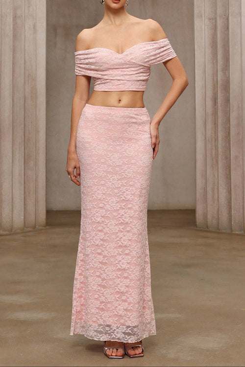 Flowering Girl Women Alice Pink Lace Off-Shoulder Top And Skirt Set