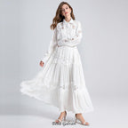alexandra Splicing Flapped Lace hollow Midi Dress in white