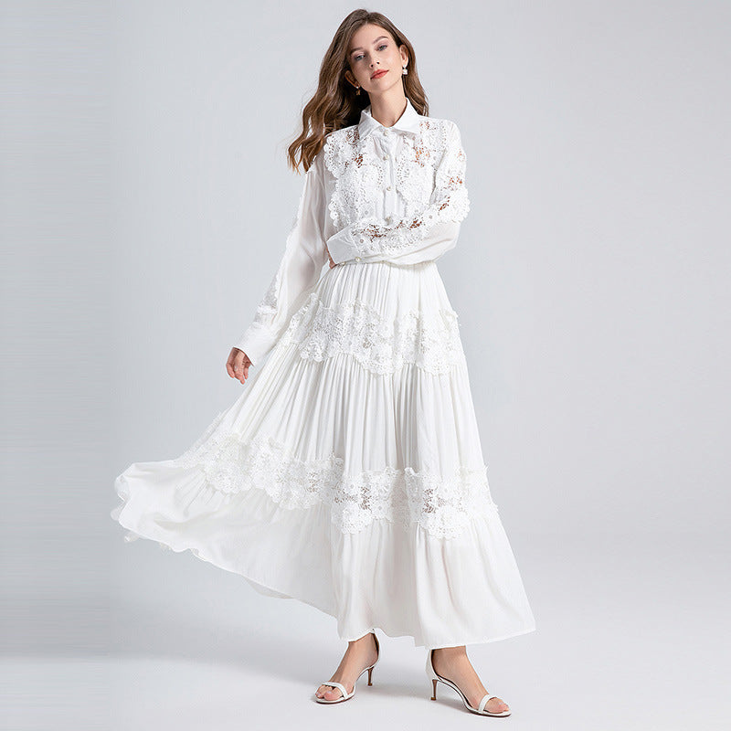 Alexandra Splicing Flapped Lace Hollow Midi Dress In White