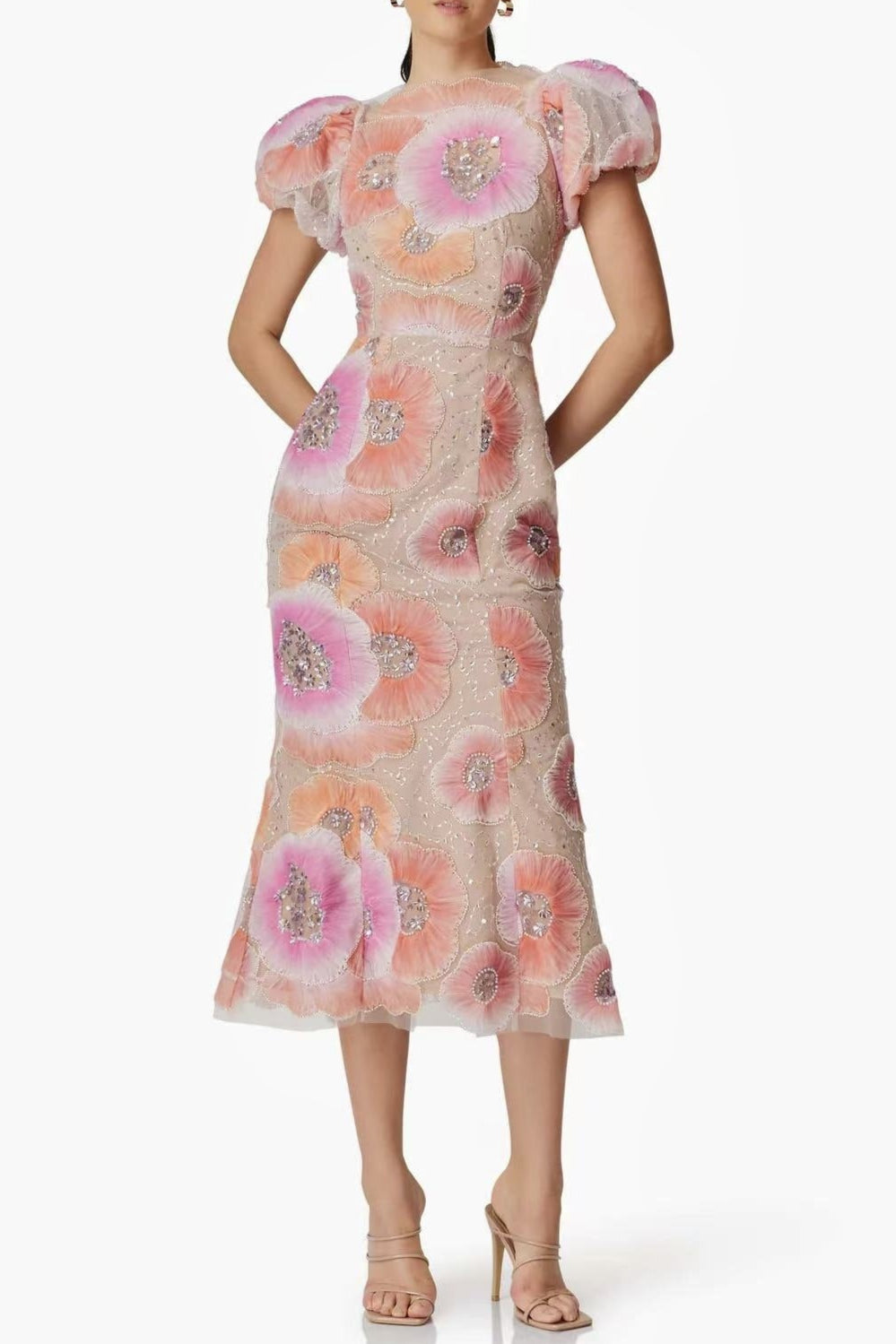 Flowering Girl Women Lydia Puff Sleeve Floral Midi Dress In Pink