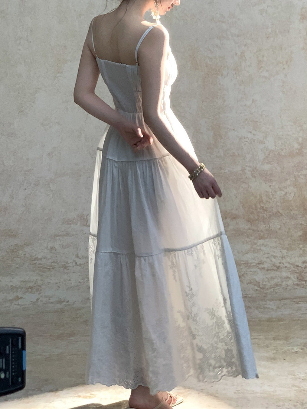 Flowering Girl Women Cotton Embroidered Spaghetti Strap maxi Dress - white
