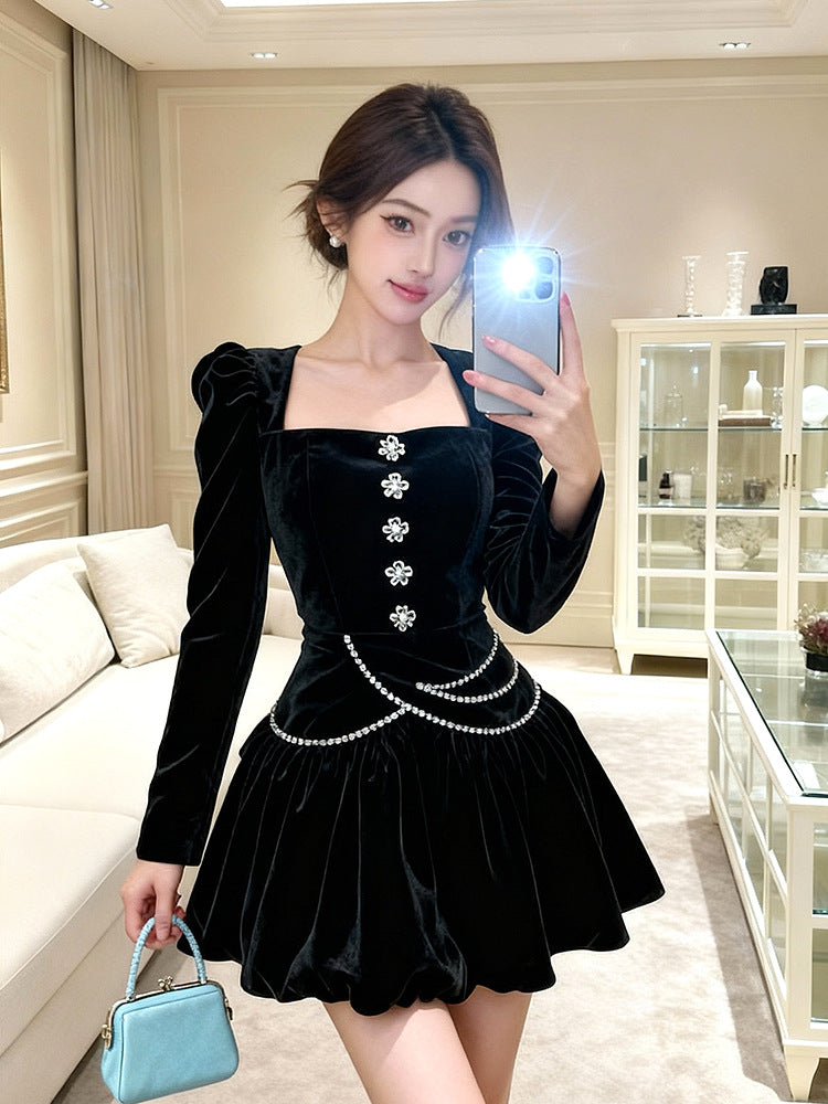 Vanessa Black Square Neck Rhinestone Velvet Mini Dress