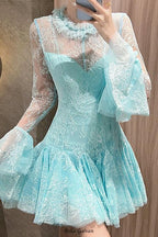 blue  Embroidered Flared Mini Dress