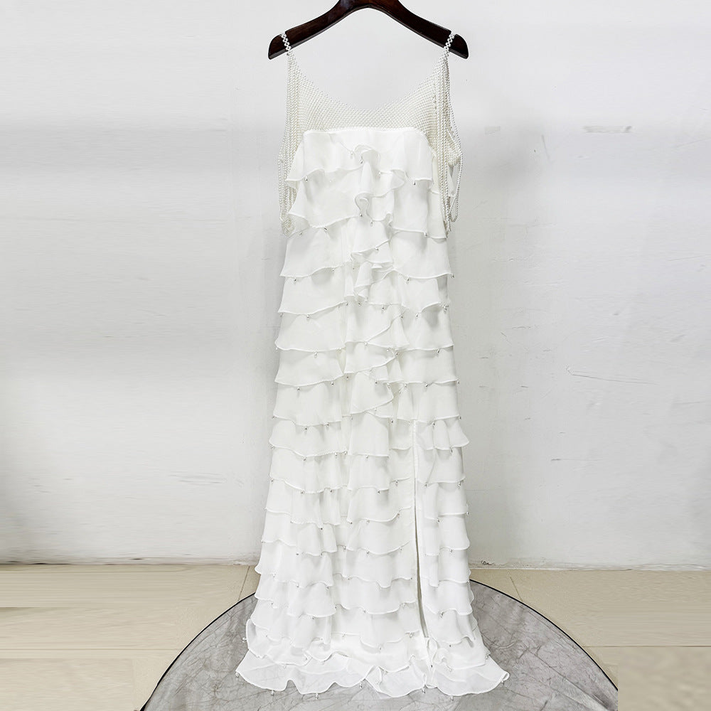 white nail bead layered lotus leaf slit maxi dress