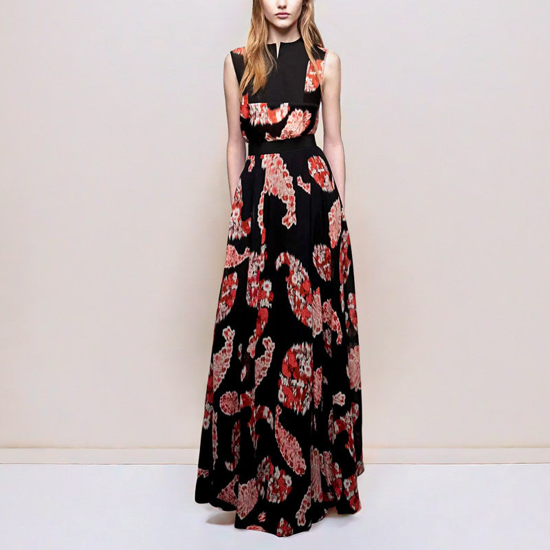 Black Printed  V-Neck Sleeveless Maxi Dress
