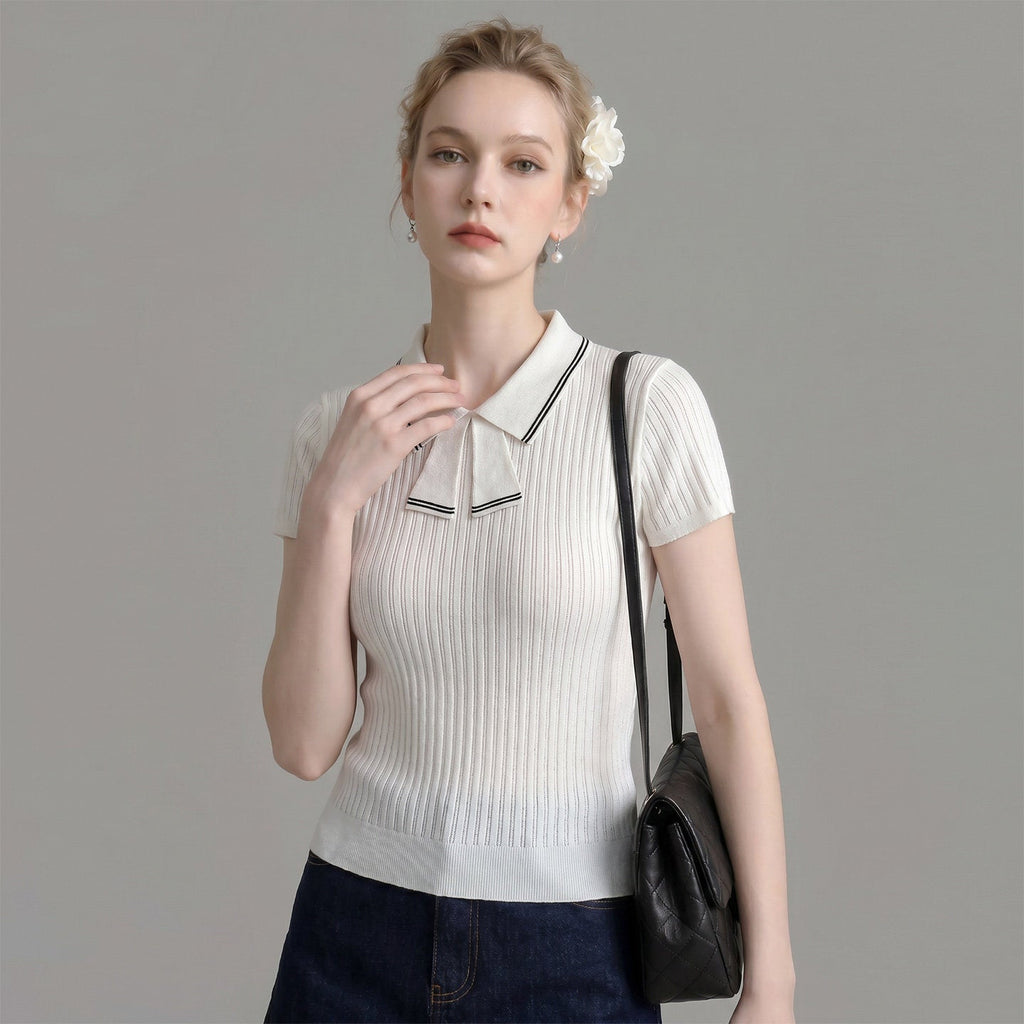 Flowering Girl Women Striped Collar Bow Tie Ribbed Knit Short Sleeve Top