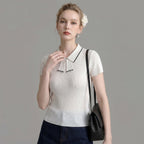 Flowering Girl Women Striped Collar Bow Tie Ribbed Knit Short Sleeve Top