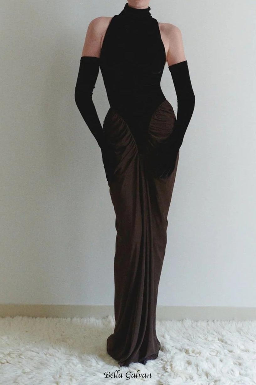 Flowering Girl Women velvet mesh patchwork maxi dress in black